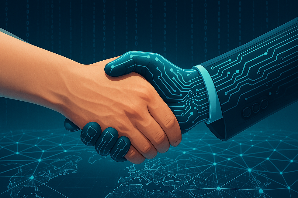 An image of two people shaking hands, the had on the left being human, and the one on the right suggestive of artificial intelligence.