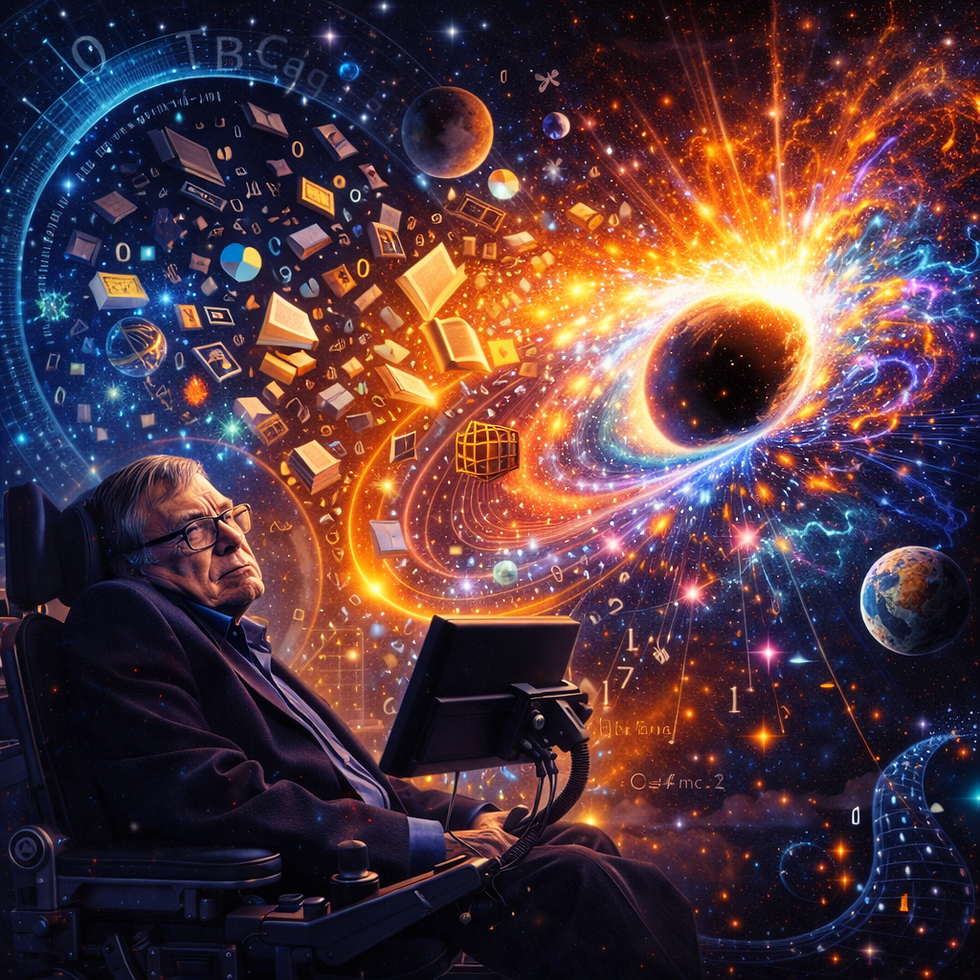 Illustration of Stephen Hawking in his wheelchair gazing toward a swirling black hole and a radiant Big Bang explosion, surrounded by floating books, equations, and symbols, representing the preservation of information and the emergence of time in the universe.