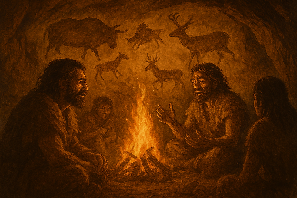An image of prehistoric man - in cave, people surrounded by cave drawings, and sitting by a fire are sharing stories.