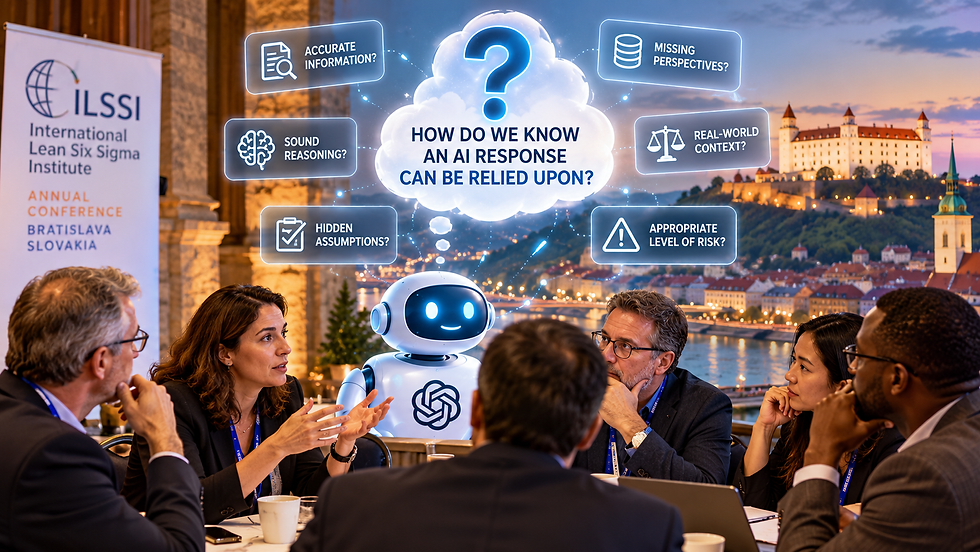ILSSI conference delegates in Bratislava discuss how organizations can determine whether AI-generated responses are reliable enough to guide decisions, with Bratislava Castle in the background.