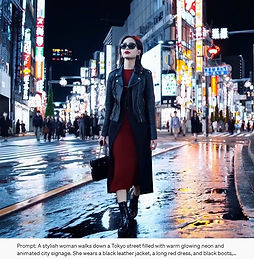 An image taken from a video generated by Sora generative AI - a woman walking down a busy downtown city street at night.
