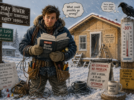 Humorous illustration of a young man in Hay River, Northwest Territories, during a -30°C winter in the early 1980s. Wearing a parka and tool belt, he nervously studies a Time-Life Basic Wiring book while preparing to wire a small cottage despite having little electrical experience. Snow swirls around the worksite as a raven watches from a post, symbolizing a learning-by-necessity moment before the age of YouTube, Google, and AI assistance.