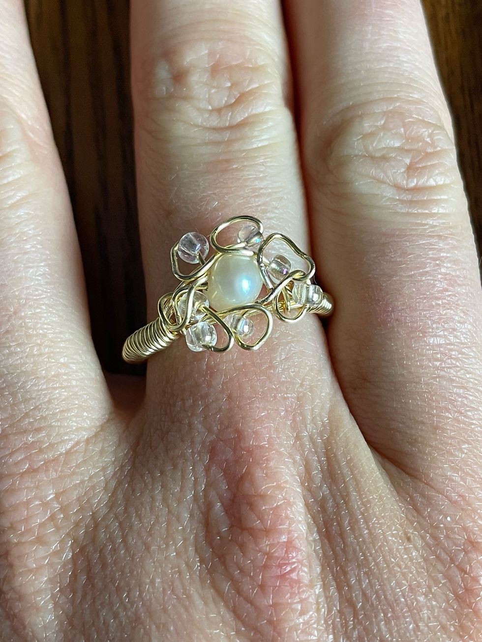 Flower Pearl and Bead Ring in Gold, shown worn
