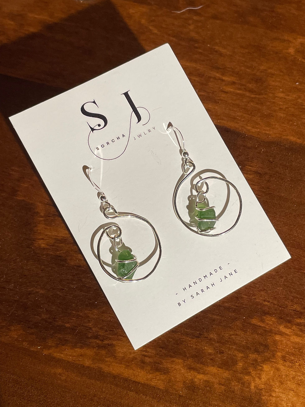 Thumbnail: Silver Spiral Drop Earring with Green Seaglass Drop