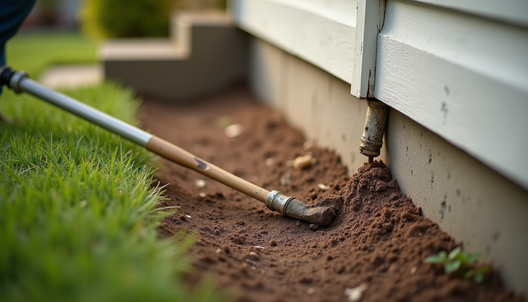 High angle view of termite treatment being applied around a home's foundation
