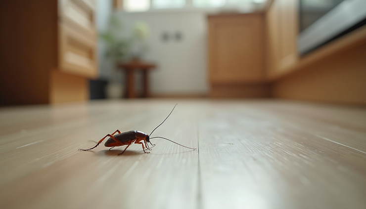 Close-up view of a cockroach on a kitchen floor