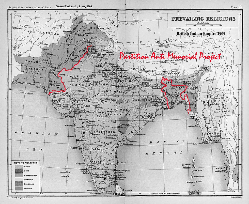 A map of British India showing the Radcliffe Line that was the basis of the Partition of India, 1947.