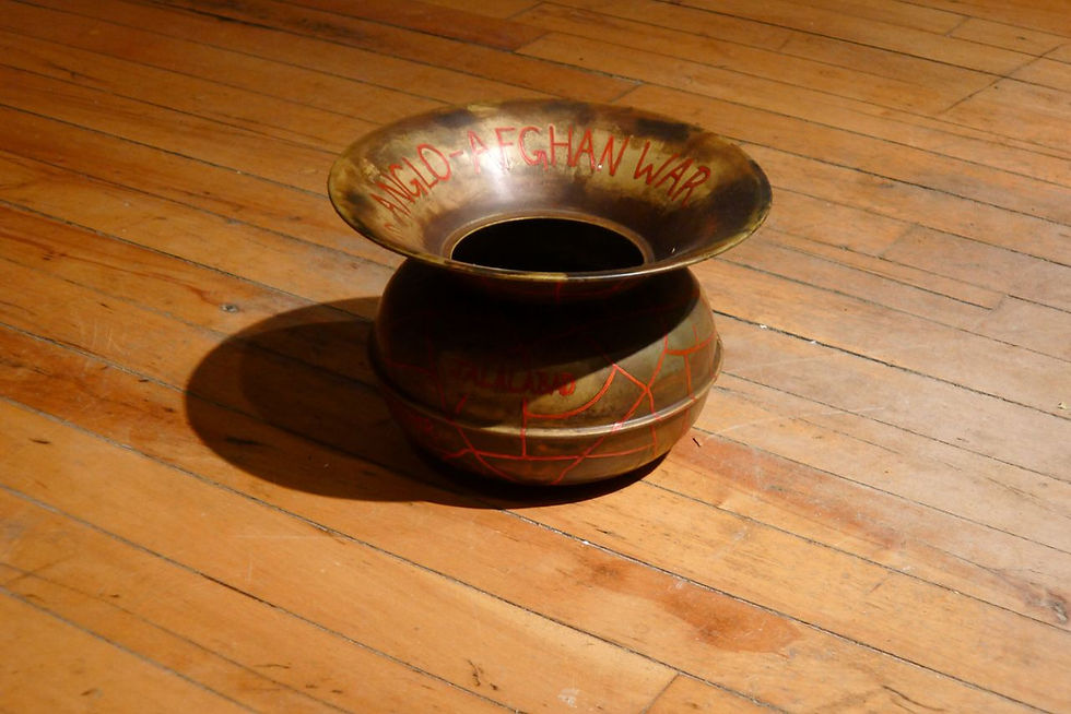 Spittoon engraved and enameled with "Third Anglo-Afghan War" on the top and a map showing where the war took place.