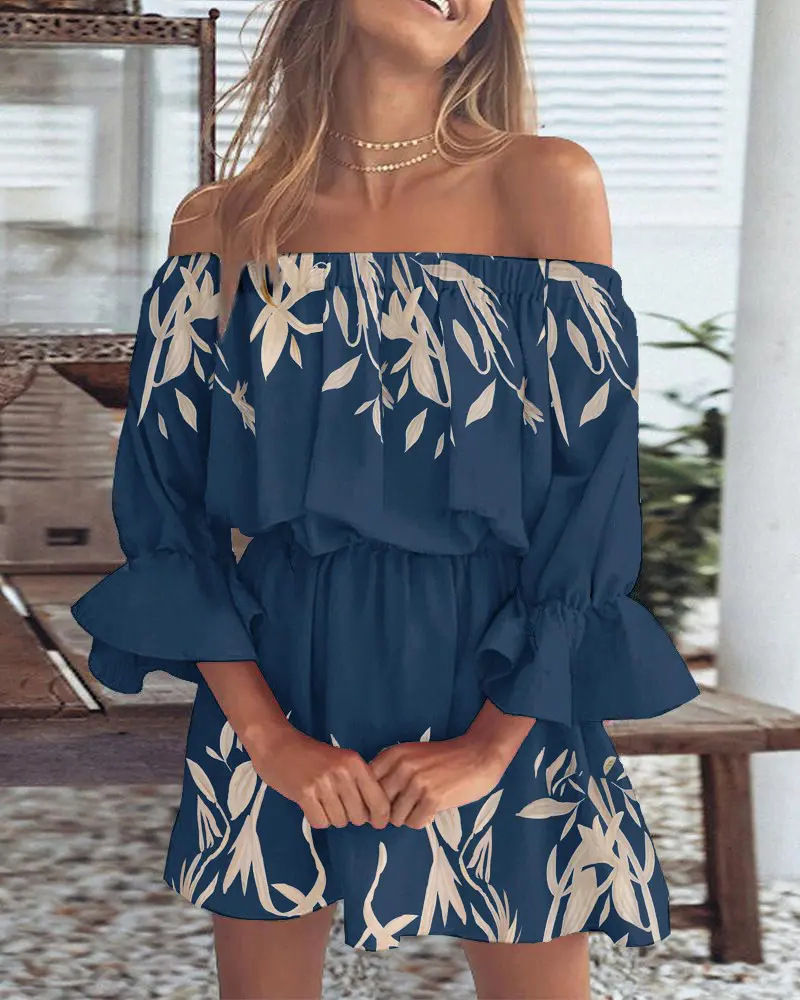 Thumbnail: Women’s Off-Shoulder Floral Blouse – Backless Boho Summer Top
