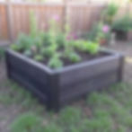 Raised garden bed with pink flowers and greenery, set in a fenced yard. The soil looks fresh, and the wooden bed is black.