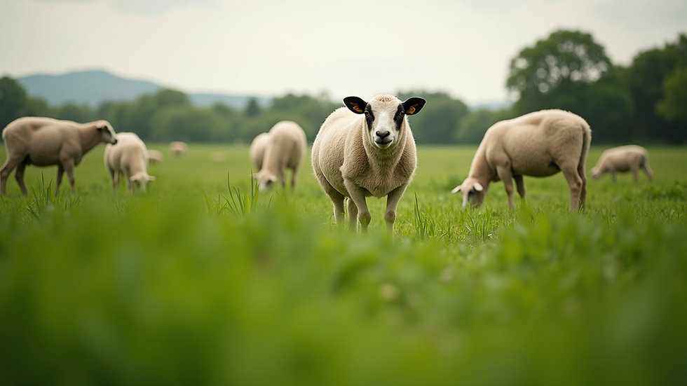 Eye-level view of a lush green pasture with grazing sheep