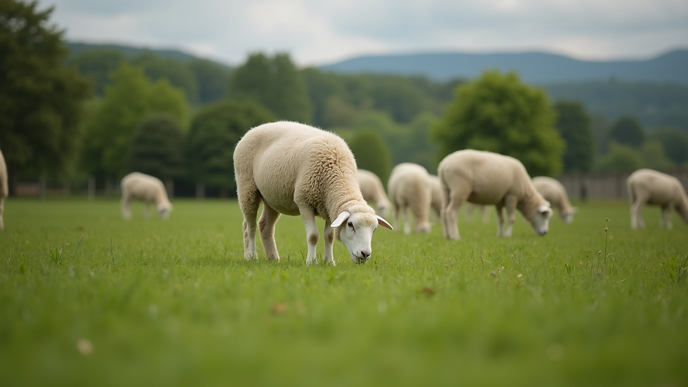 Eye-level view of a lush green pasture with grazing Olde English Babydoll Southdown sheep
