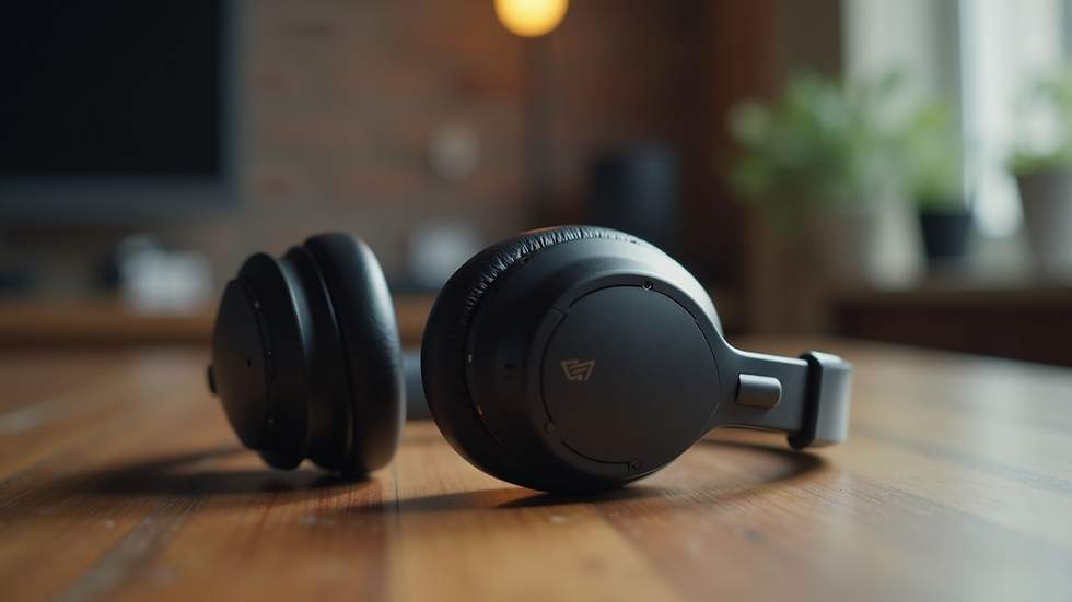 Close-up view of headphones on a wooden table