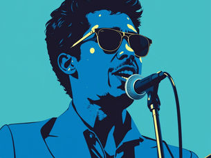 Stylized illustration of a person singing into a mic, wearing sunglasses and a blue suit. The background is teal, evoking a cool, retro vibe.