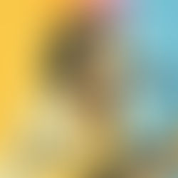 Stylized woman singing into a microphone while playing guitar. Colorful geometric background with yellow, pink, and blue. Passionate expression.