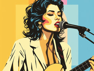 Stylized woman singing into a microphone while playing guitar. Colorful geometric background with yellow, pink, and blue. Passionate expression.