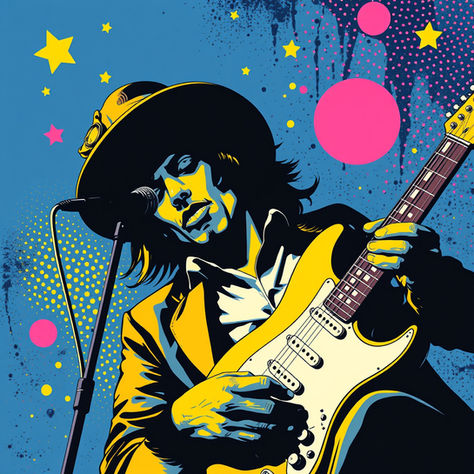 Musician playing electric guitar, wearing a hat, in a vibrant pop art style. Blue background with pink circles, yellow stars, dynamic mood.