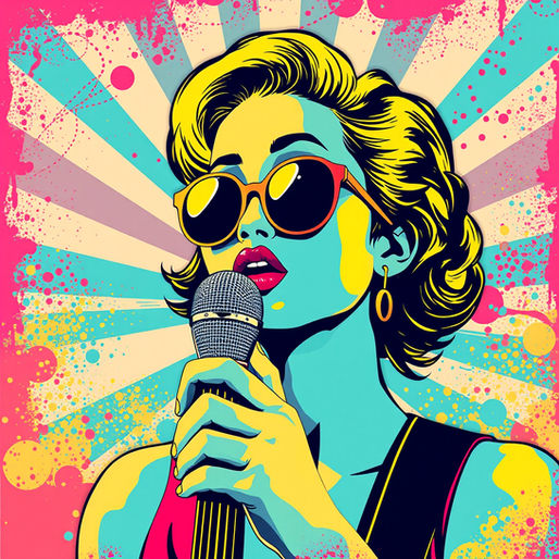 Pop art style of a woman with yellow hair and sunglasses singing into a mic. Vibrant colors, splashes, and rays in the background.