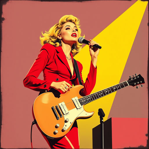 Blonde woman in red suit sings and plays an orange guitar on stage under a spotlight, against a yellow and brown background. Vintage style.