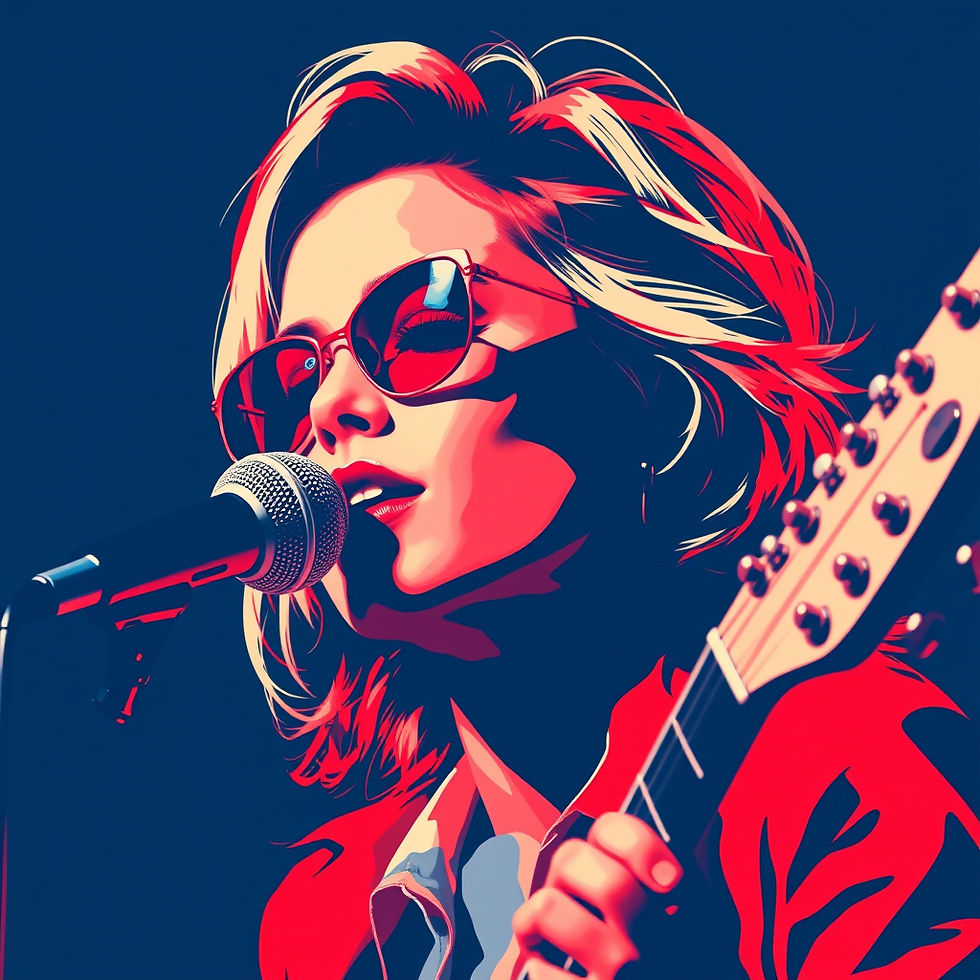 Stylized singer in sunglasses sings into a microphone while holding a guitar, against a dark blue background.