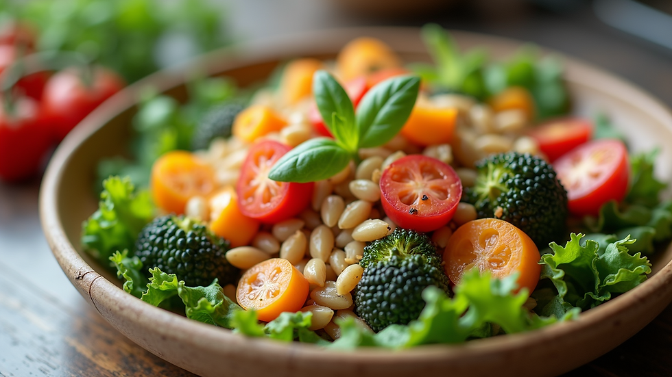 Close-up view of a healthy meal with colorful vegetables and grains