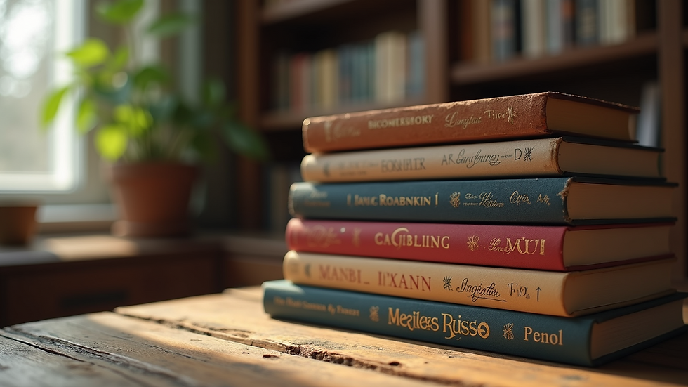 Eye-level view of a cozy reading nook with a stack of diverse romance novels