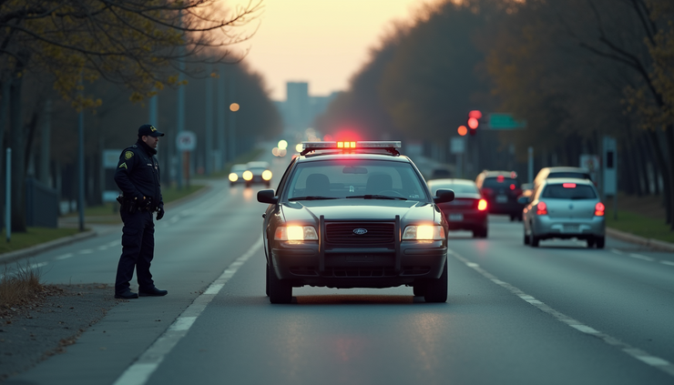 High angle view of a car stopped on the roadside with a police officer standing nearby