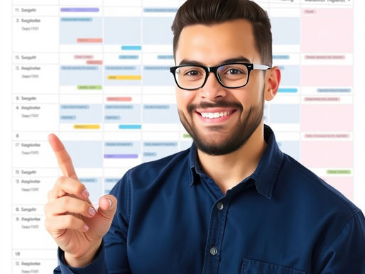 Smiling man in glasses pointing at a colorful spreadsheet on the wall. He's wearing a dark blue shirt in a bright setting.