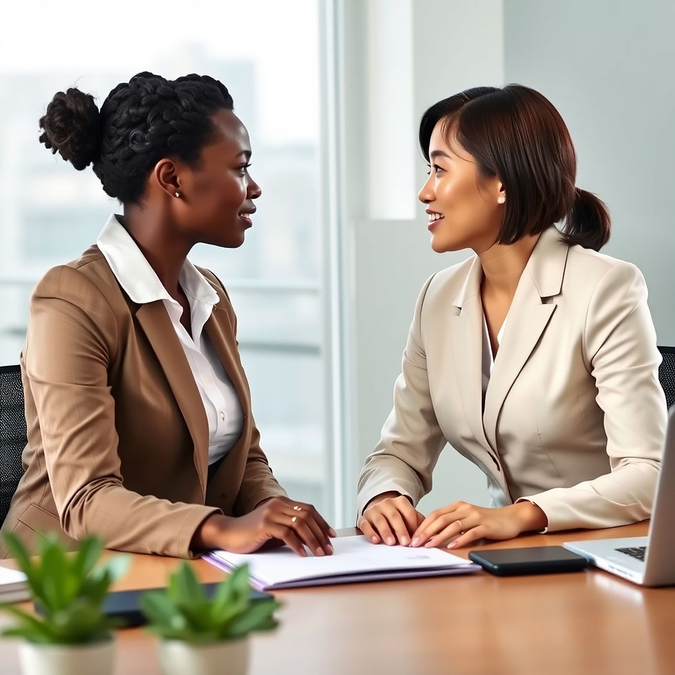 Two women in suits have a friendly discussion at a wooden table in a bright office. Laptops and plants are on the table.