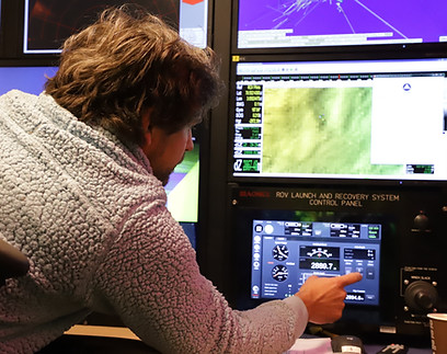Man looks at computer screen on a ship
