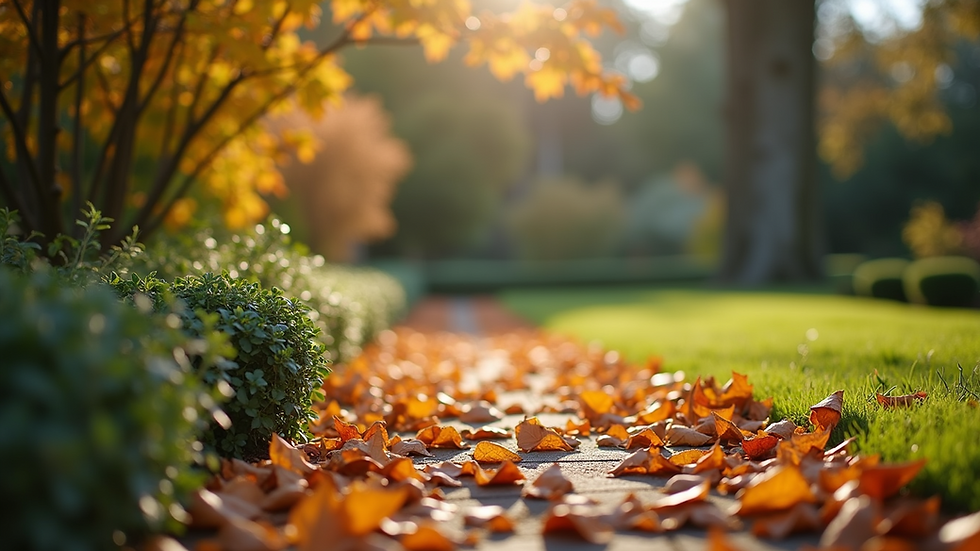 Close-up view of a well-organized garden with fallen leaves