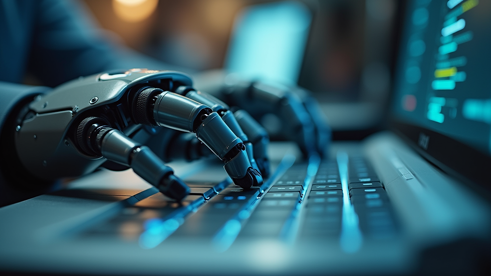 Close-up view of a robotic hand typing on a keyboard