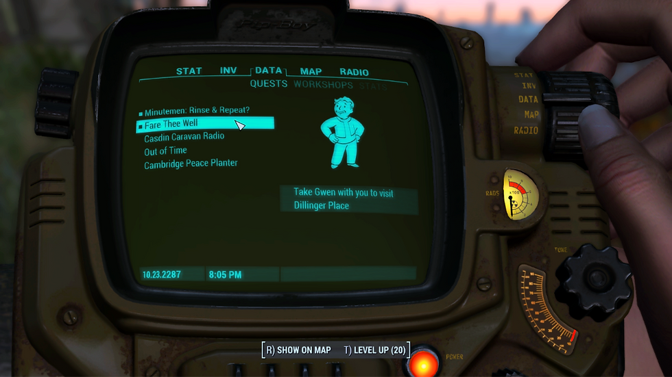 Pip-Boy Display Screen: "Fare Thee Well" quest is highlighted.