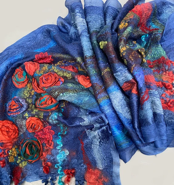 Nuno-felted Shawl "Rose Garden" made by Alisa Bordo, in blue and red