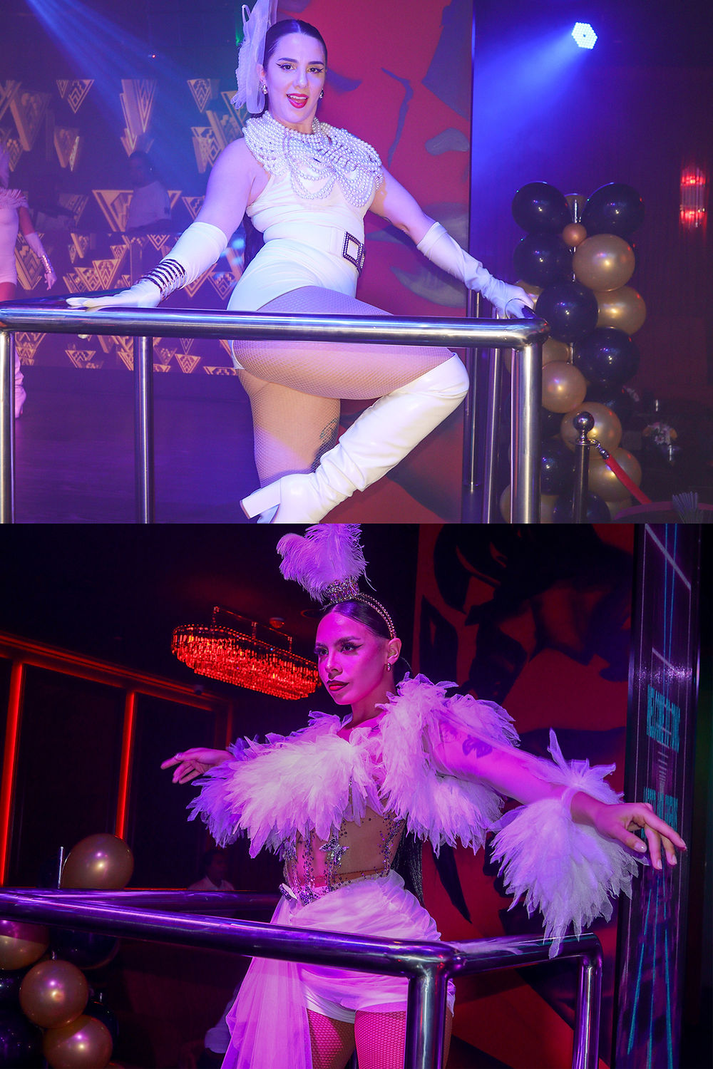 Female performer in white feathered costume at a night club in Dubai