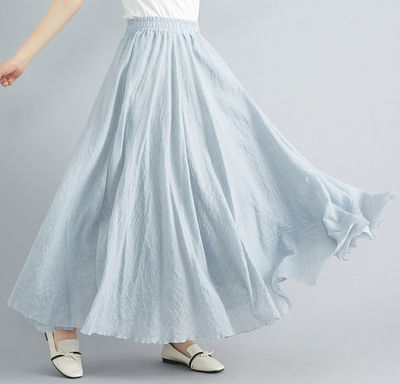 Thumbnail: Linen Cotton Long Skirts Elastic Waist Pleated Maxi Skirts Beach 
