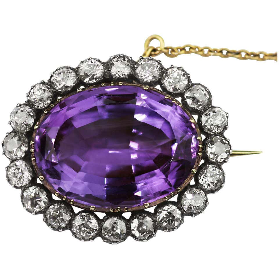 Antique Victorian Amethyst and Old European Cut Diamond Oval Cluster Brooch