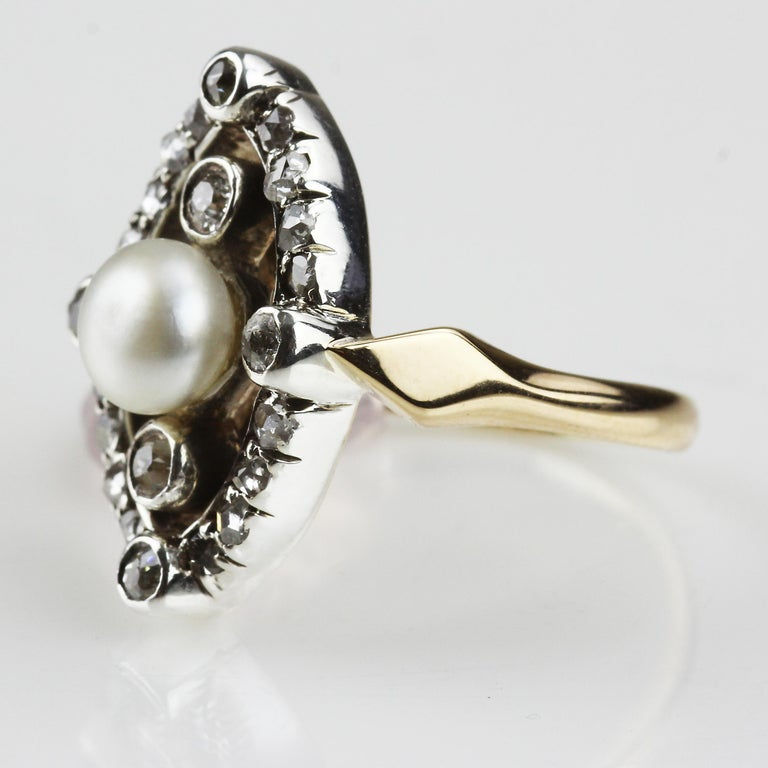 Thumbnail: Victorian Natural Pearl & Old European Cut Diamonds Ring in Silver & 18ct Gold