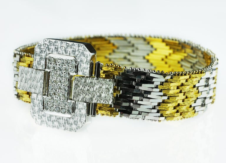 Thumbnail: Vintage 1960 Diamond Wide Buckle Bracelet in Bimetal 18 K White & Yellow Gold
