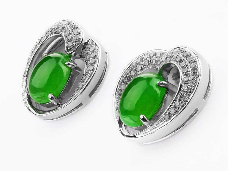 Thumbnail: Natural Jadeite Jade & diamond encrusted Heart frame earrings in 18ct white gold