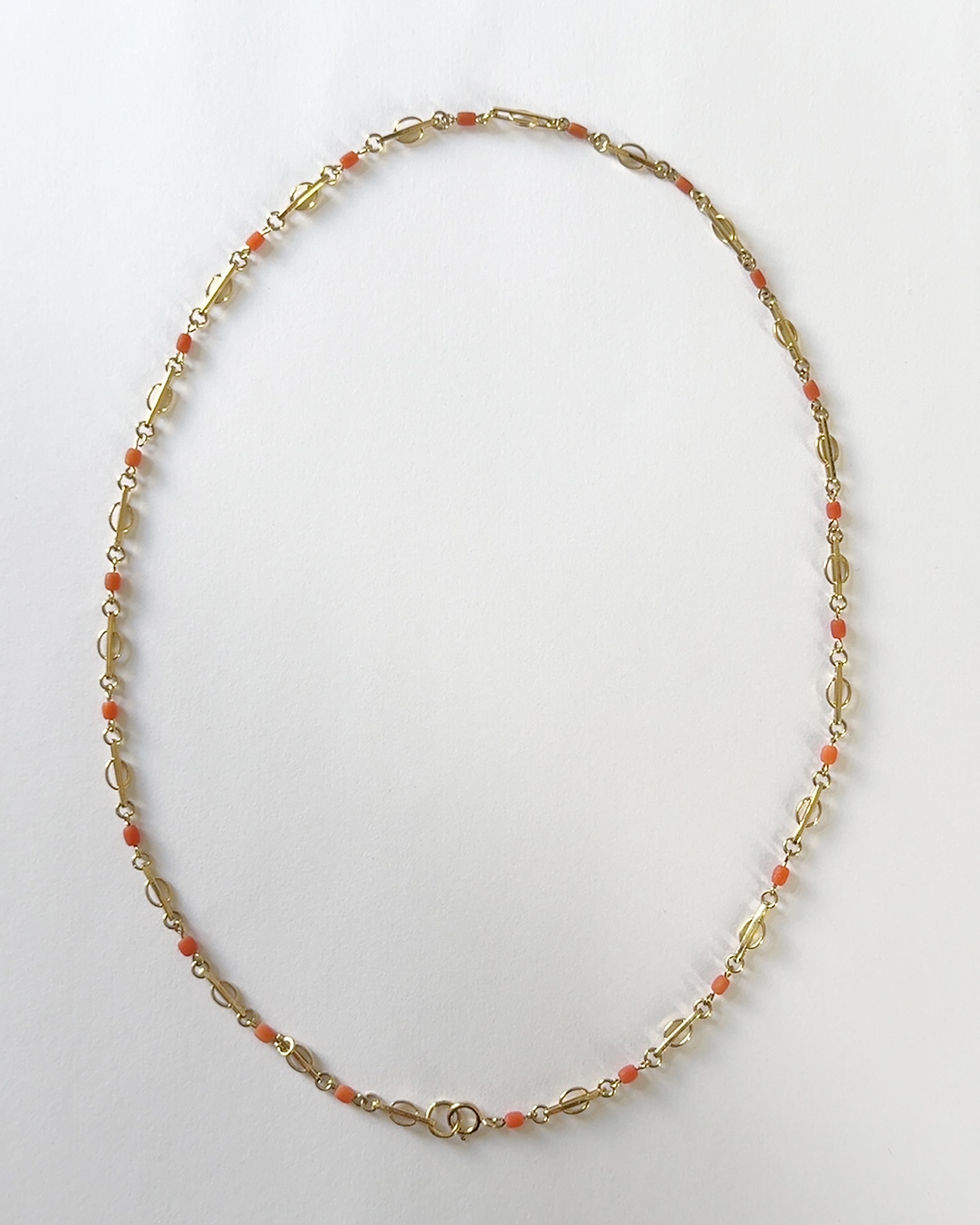 Thumbnail: Vintage 1979 9ct Yellow Gold Chain Necklace with Coral Colour Beads