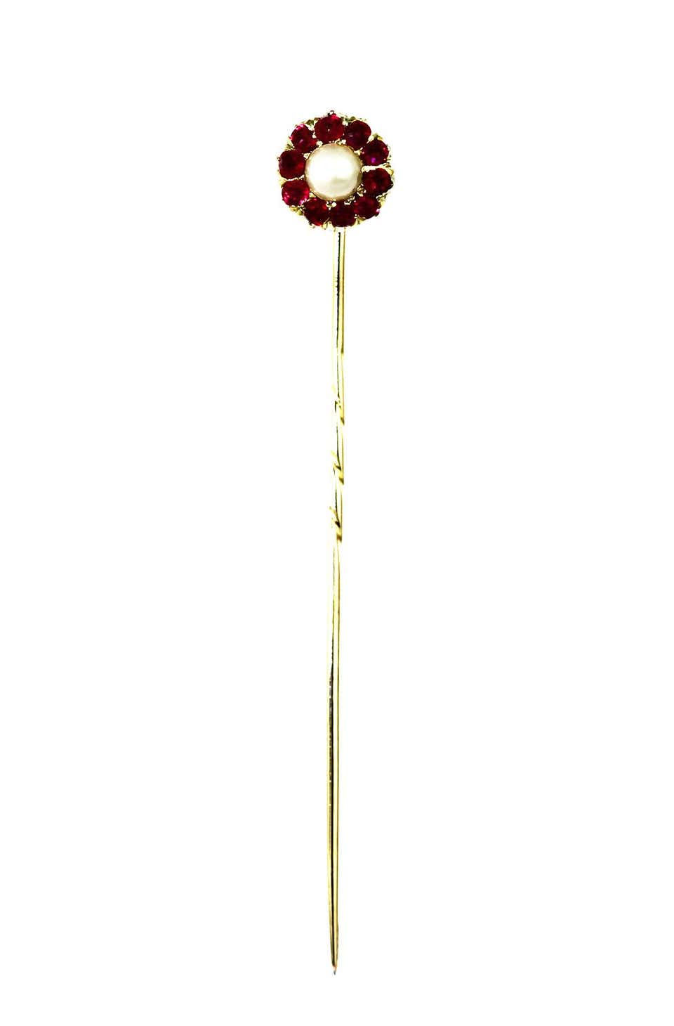 Thumbnail: Antique Pearl and Ruby Stick Pin/Tie Pin in 9 Carat Yellow Gold