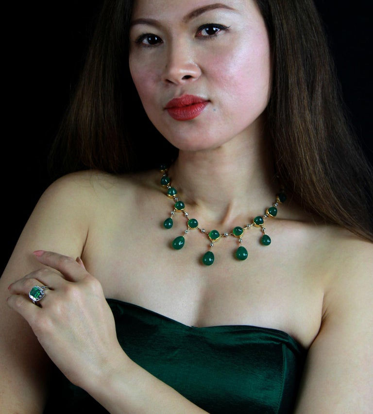 Thumbnail: Retro, Vintage 1950s Green Chrysophrase & Old Diamond Briolette Drop Necklace