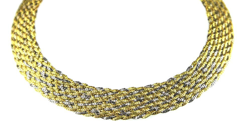 Thumbnail: Vintage, Retro, Wide Flat Weave Necklace with Yellow, White, Rose Gold in 18K