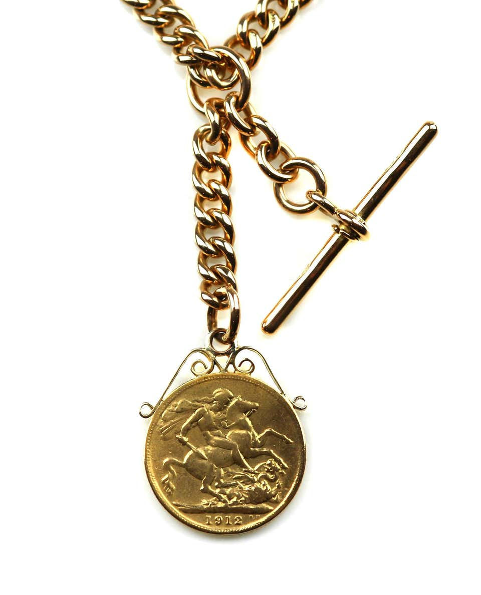 Thumbnail: Antique Victorian Pocket Watch Chain with British Hallmarked 18 Karat Gold, 1915