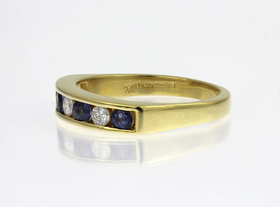 Thumbnail: Sapphire and diamond half eternity channel set ring in 18ct yellow gold