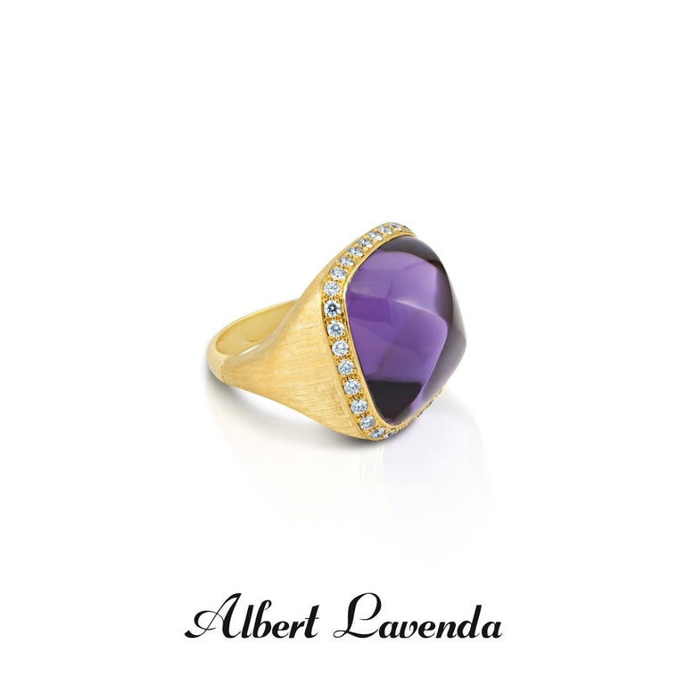 Thumbnail: Designer Square Hand Curved Cabochon Big Amethyst & Diamonds in 18k Gold