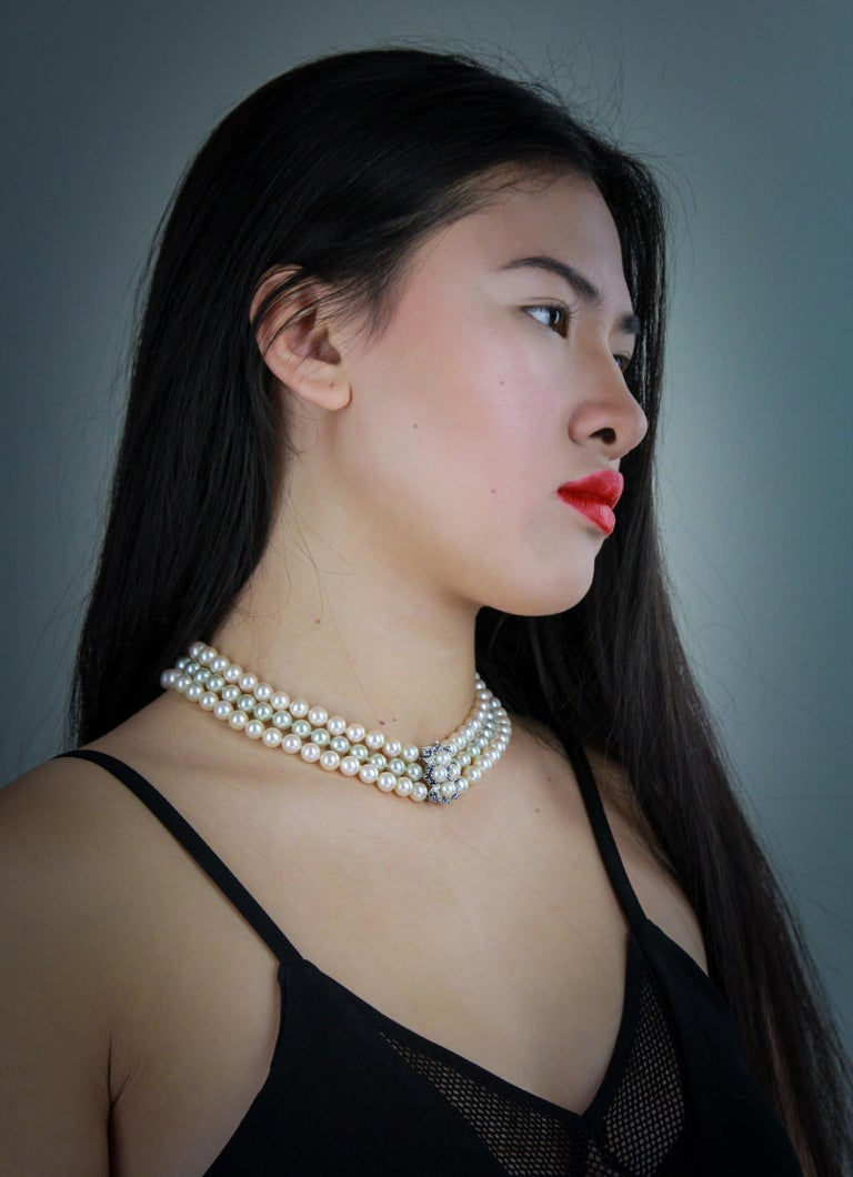 Thumbnail: Bespoke Three Row Akoya Pearl Necklace with Diamond & Sapphire Clasp