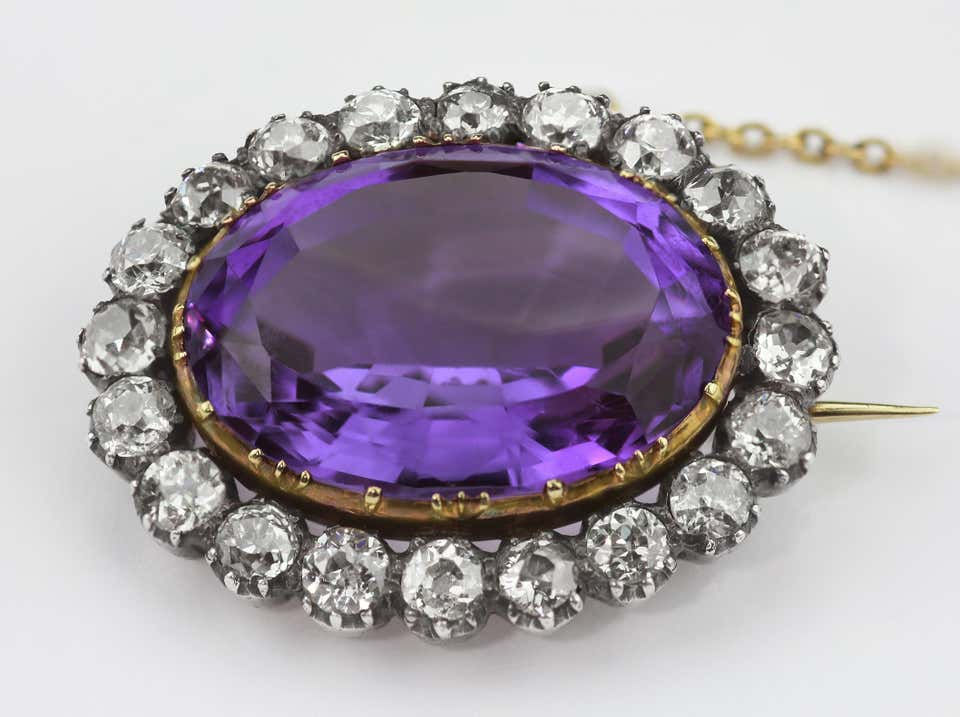 Thumbnail: Antique Victorian Amethyst and Old European Cut Diamond Oval Cluster Brooch
