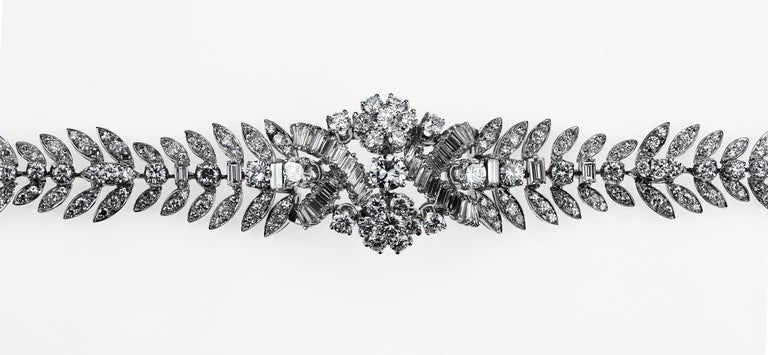 Thumbnail: Antique 1950 Diamond Statement/Cocktail Flower Leaves Bracelet in 18k White Gold